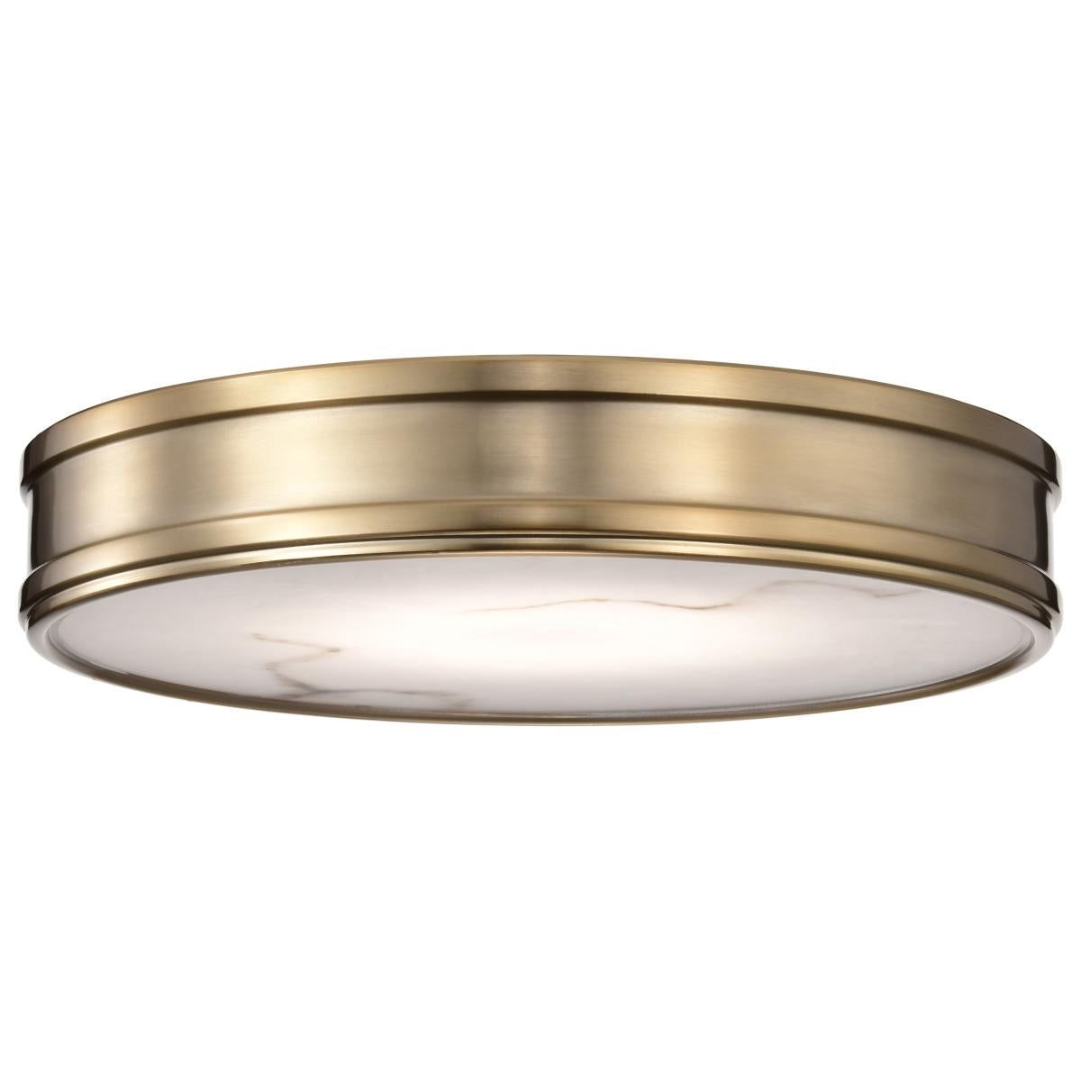 Kendall 14-inch LED flush mount ceiling fixture by Satco in burnished brass with alabaster glass shade.