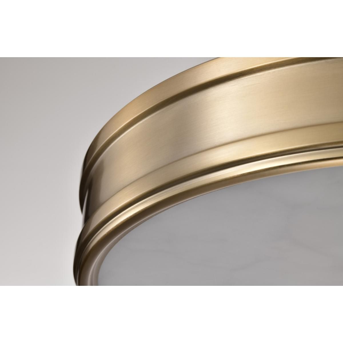 Kendall 14-inch LED flush mount ceiling fixture by Satco with burnished brass finish and alabaster glass shade.
