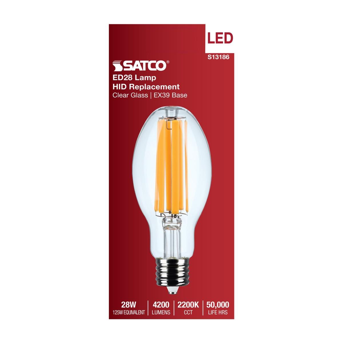 Satco LED HID Replacement ED28 Lamp, 2200K, clear glass, extended mogul base for industrial lighting applications