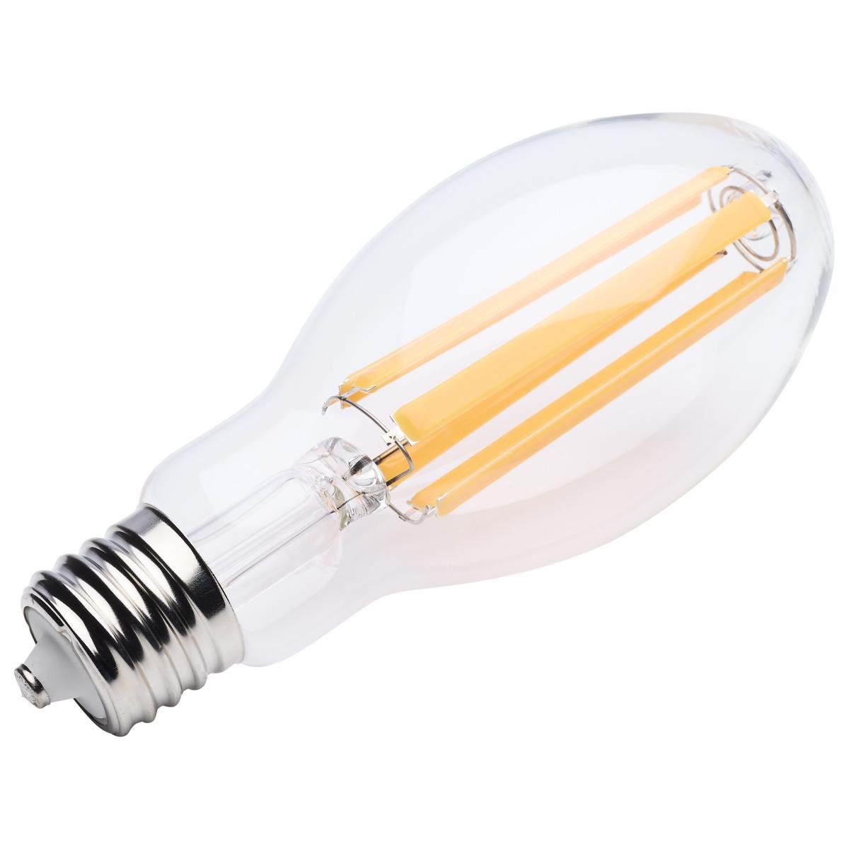 Satco LED HID replacement ED28 lamp in clear glass with extended mogul base, 2200K warm white light.