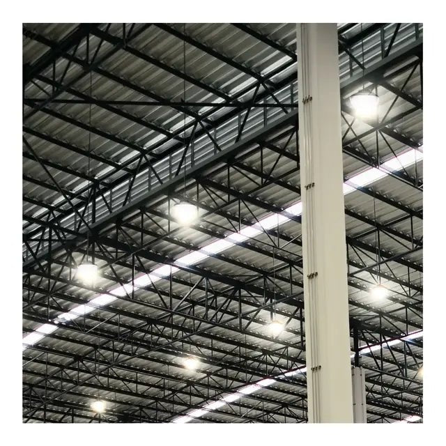 Black LED UFO High Bay light by Satco with 80W, 100W, or 120W options, CCT adjustable from 3K to 5K, suitable for high ceilings.