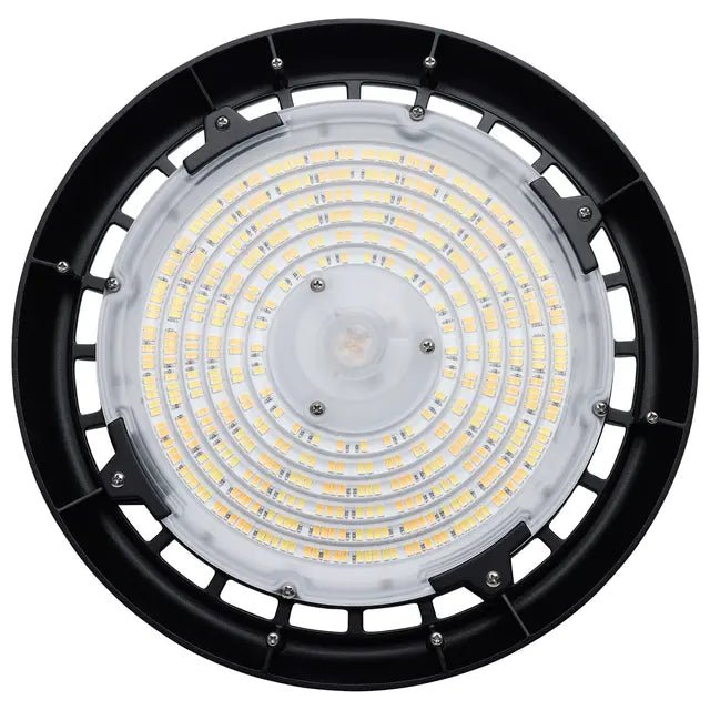 Black LED UFO High Bay light by Satco, 80W/100W/120W with selectable CCT 3K/4K/5K and 120-347V for industrial lighting.