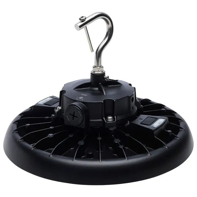 Black LED UFO High Bay light by Satco, 80W/100W/120W with selectable CCT 3K/4K/5K, suitable for industrial and commercial spaces.