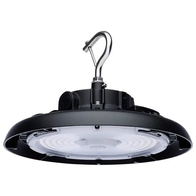 Black LED UFO High Bay light by Satco, 80W-120W, CCT adjustable 3K/4K/5K, suitable for high ceiling commercial lighting.