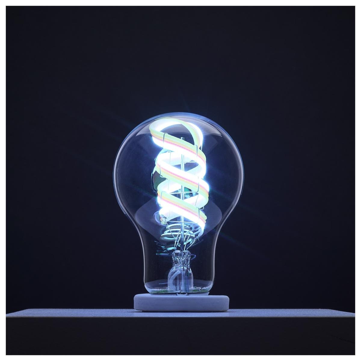 Satco 6W A19 LED bulb with RGB and tunable white, clear finish, medium base, ideal for smart lighting.