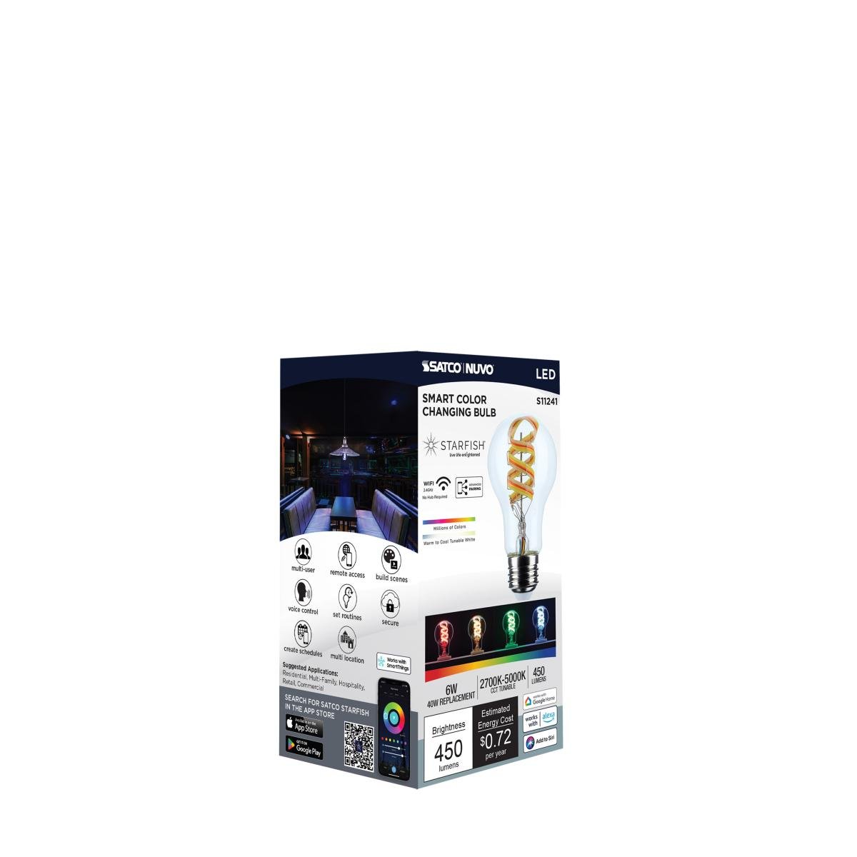 Satco 6W A19 LED light bulb with RGB and tunable white, clear finish, medium base, and Starfish IoT compatibility.