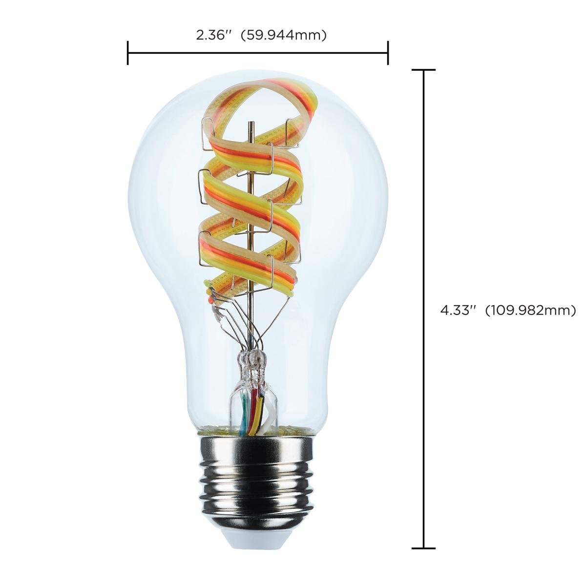 Satco 6W A19 LED light bulb with RGB and tunable white, clear finish, medium base, compatible with Starfish IOT smart lighting system.