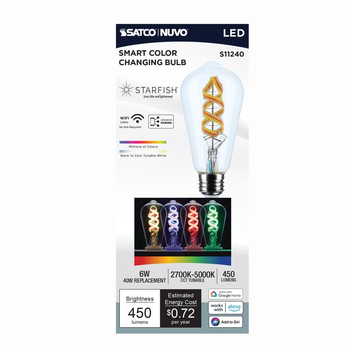 Satco 6W ST19 LED light bulb with RGB and tunable white, clear finish, medium base, Starfish IOT branding, 2700K-5000K adjustable color.