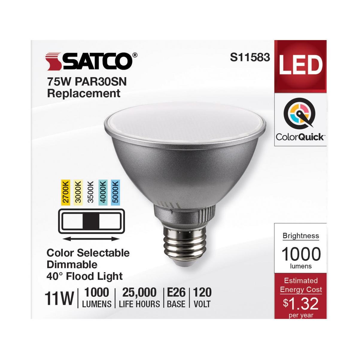 Satco LED 11W PAR30 short neck light bulb with silver finish, CCT adjustable, 40-degree beam angle, ideal for spot lighting.