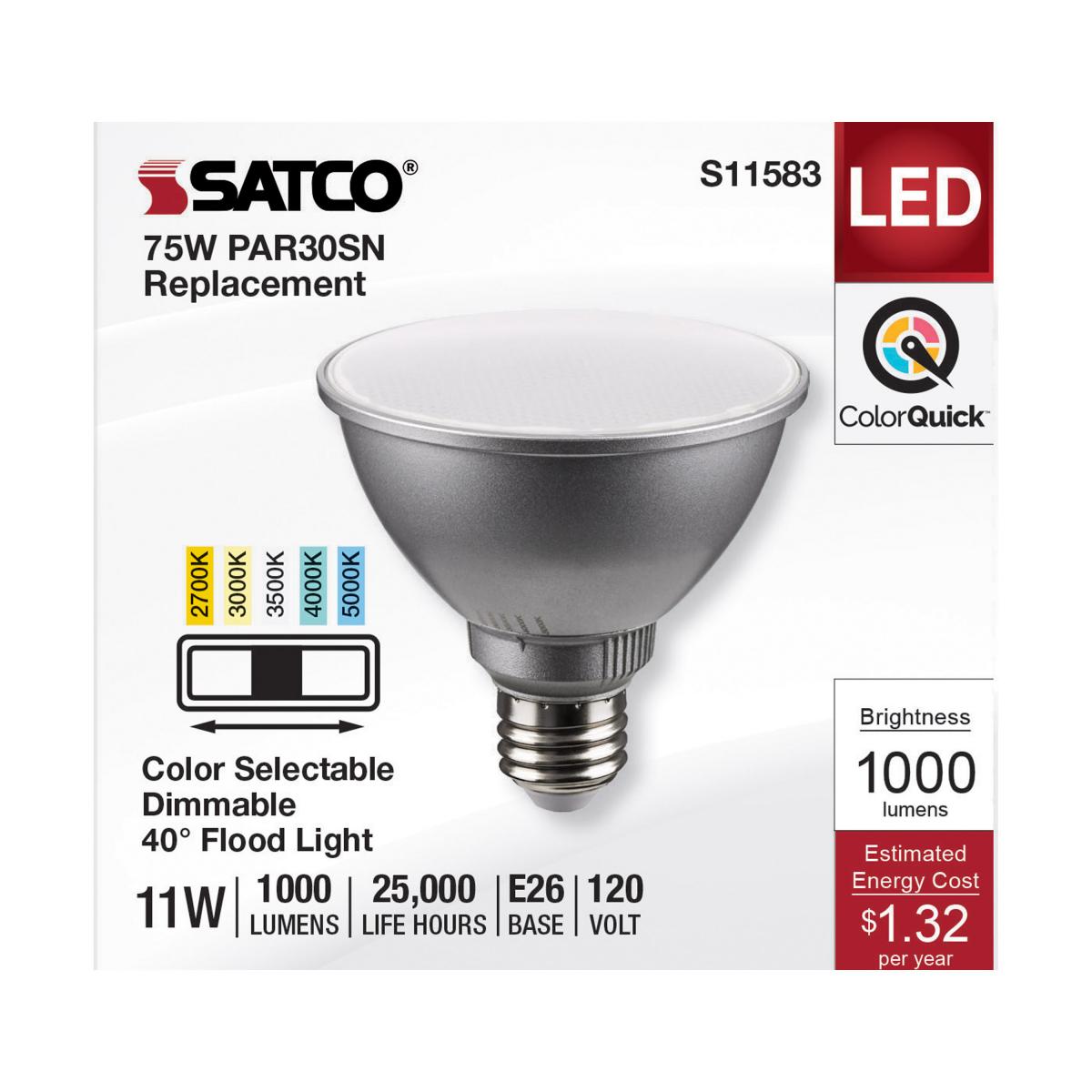 Satco LED 11W PAR30 short neck light bulb with silver finish, CCT adjustable, 40-degree beam angle, ideal for spot lighting.