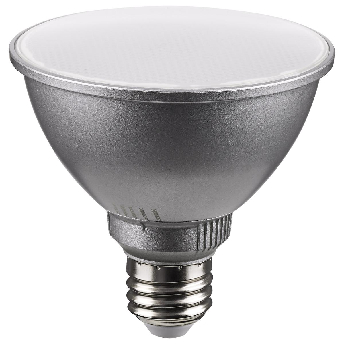 Satco LED 11W PAR30 short neck light bulb with silver finish, CCT selectable, 40-degree beam angle, ideal for spot lighting.