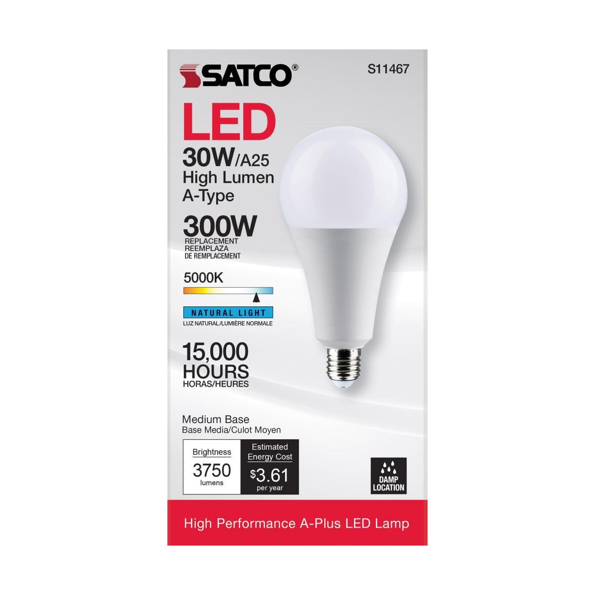 Satco LED A25 30 Watt light bulb, 5000K daylight, non-dimmable, 300 Watt equivalent, ideal for bright home lighting.