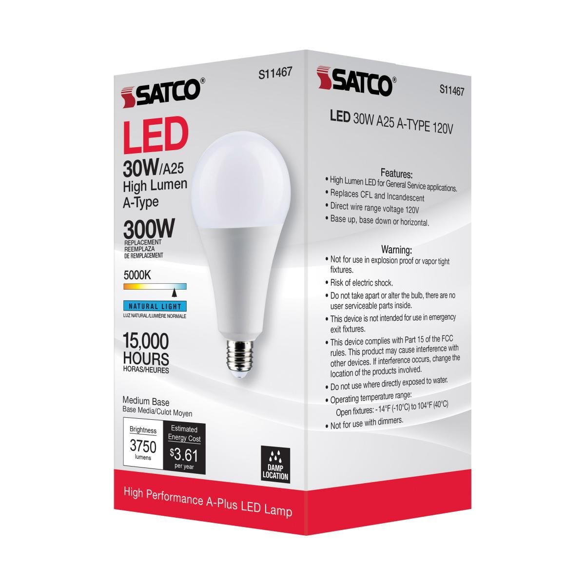Satco LED A25 30W light bulb with 5000K daylight color, non-dimmable, equivalent to 300W incandescent, for general lighting.
