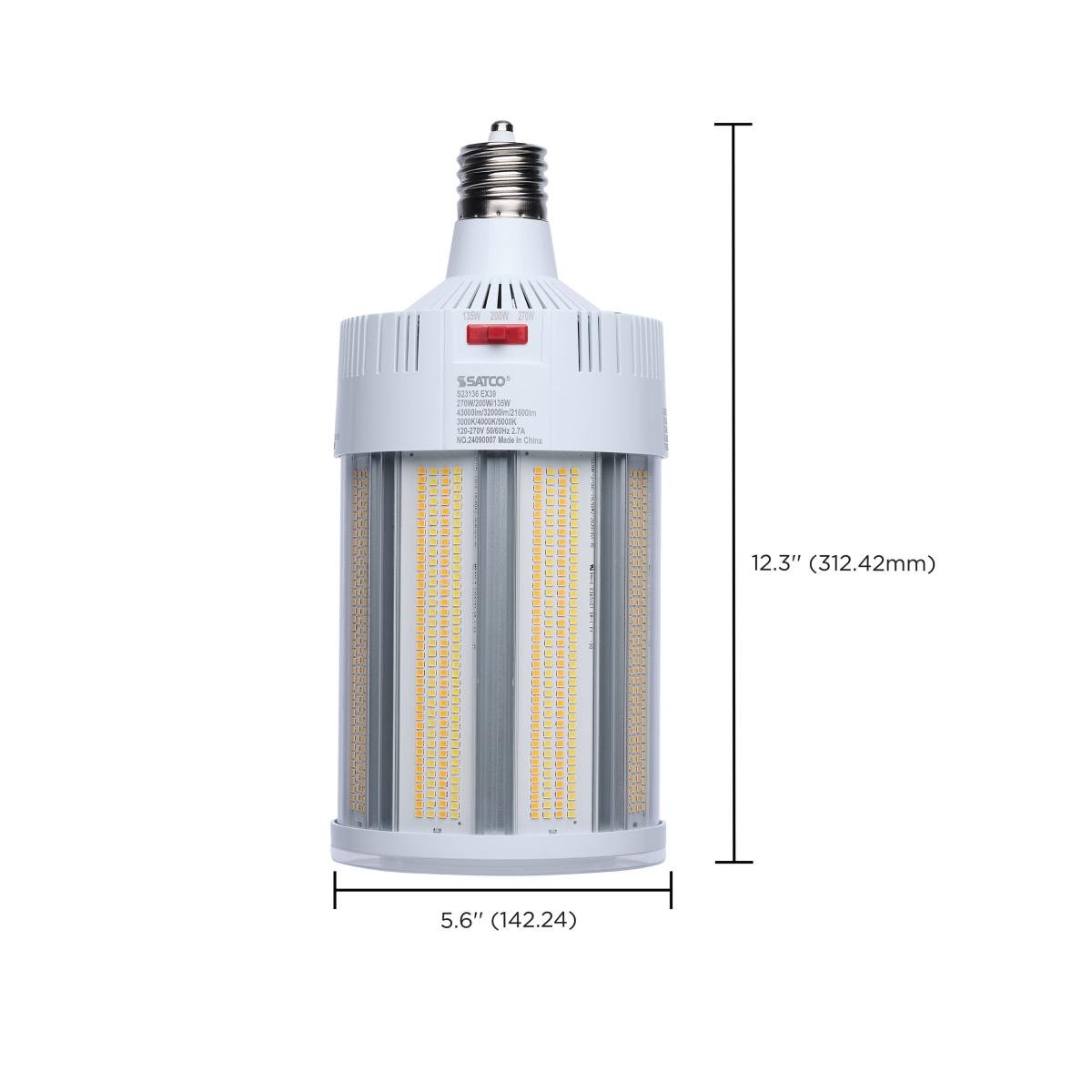 Satco LED Corncob Lamp replacing 600W HID, with adjustable CCT and wattage options, energy-efficient LED light bulb.