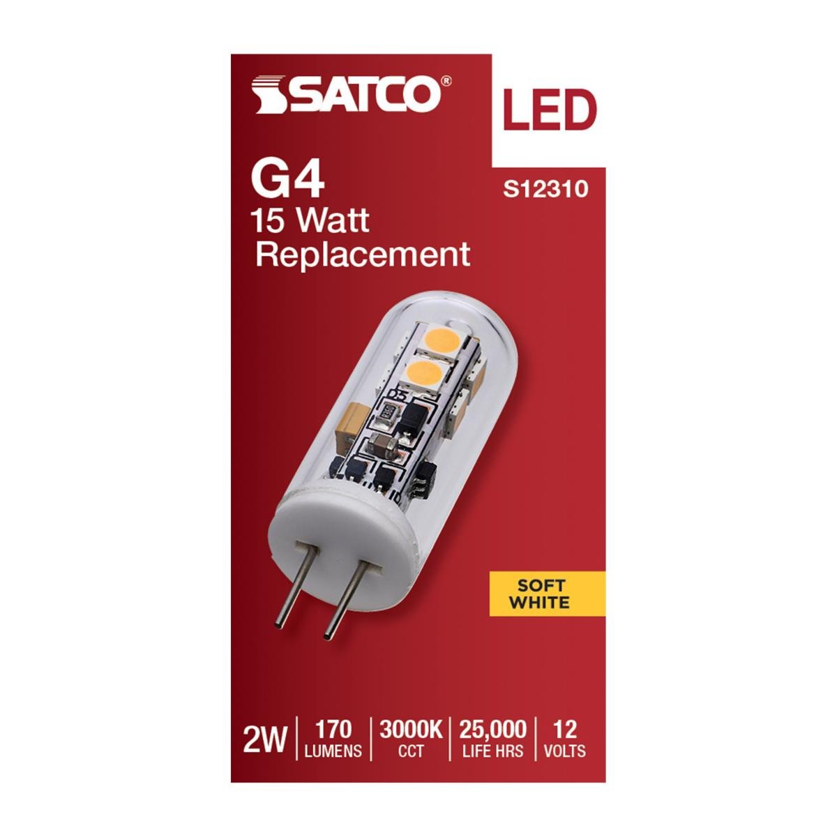 Satco LED T4 2W light bulb with clear finish, G4 bi-pin base, 3000K warm white, 12V electrical voltage.
