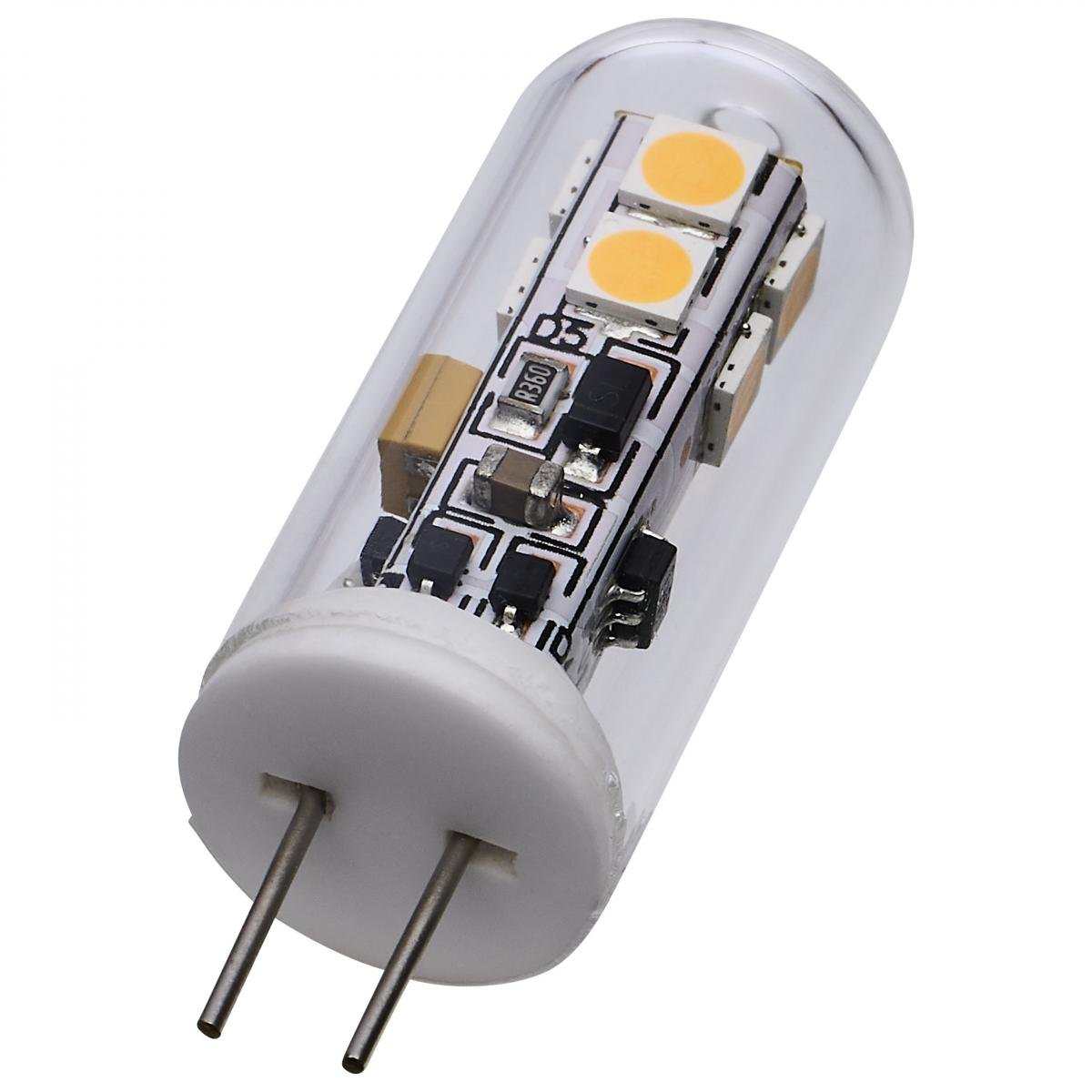Satco LED T4 2W clear finish light bulb with bi-pin G4 base, 3000K warm white, 12V illumination.
