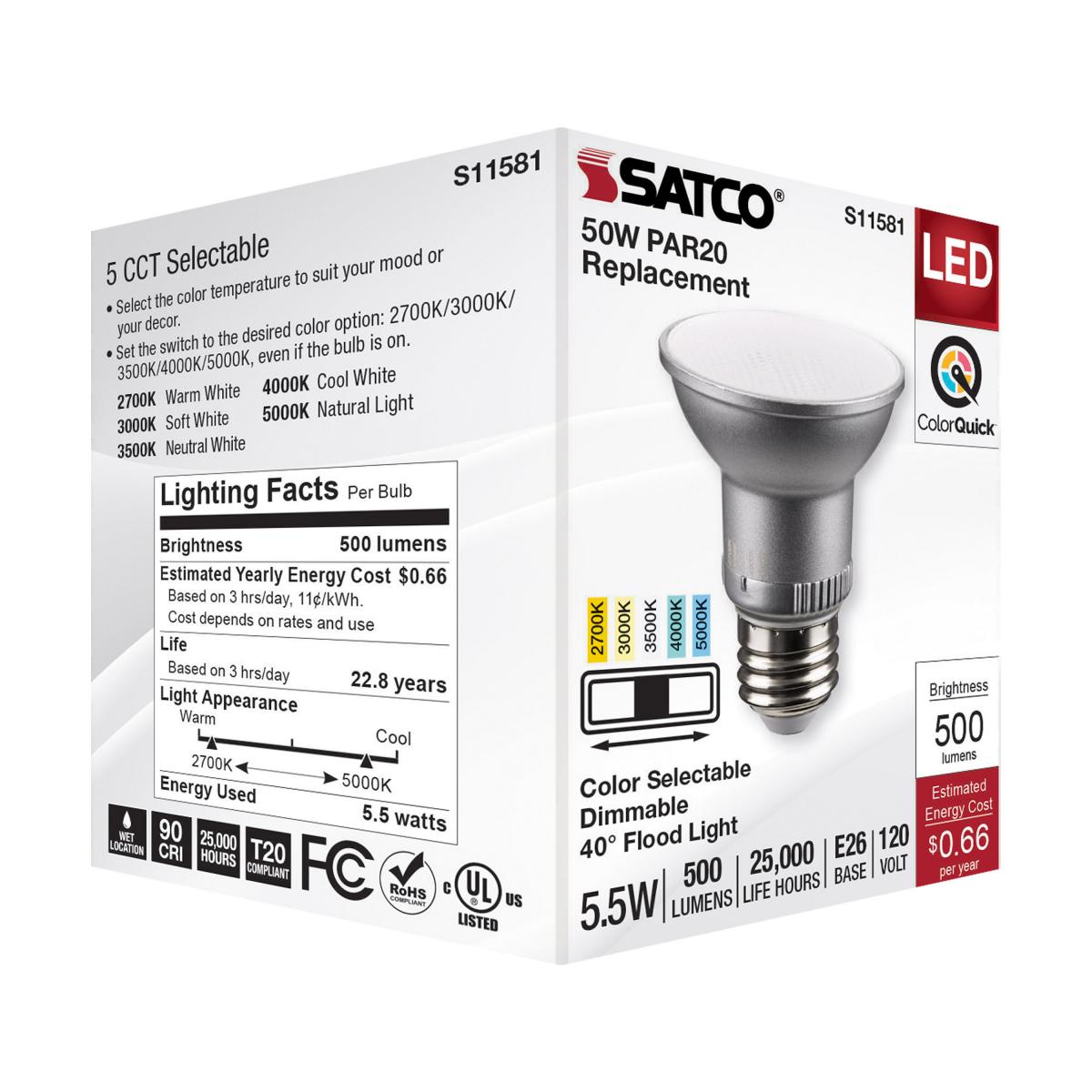 Outdoor Rated LED 5.5 Watt PAR20; CCT Selectable; 40 Degree