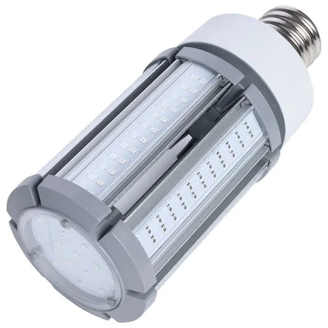 Satco Turtle Friendly 27 Watt LED Corn Cob Lamp bulb emitting warm 1600K light, energy-efficient LED light bulb for eco-friendly lighting.