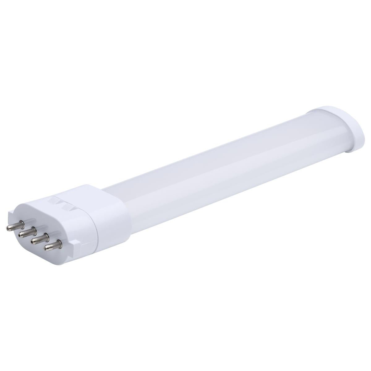 Satco Universal LED PL Lamp 5.5W with 2GX7 base, available in 27K-40K CCT, ballast bypass, energy-efficient LED light bulb.