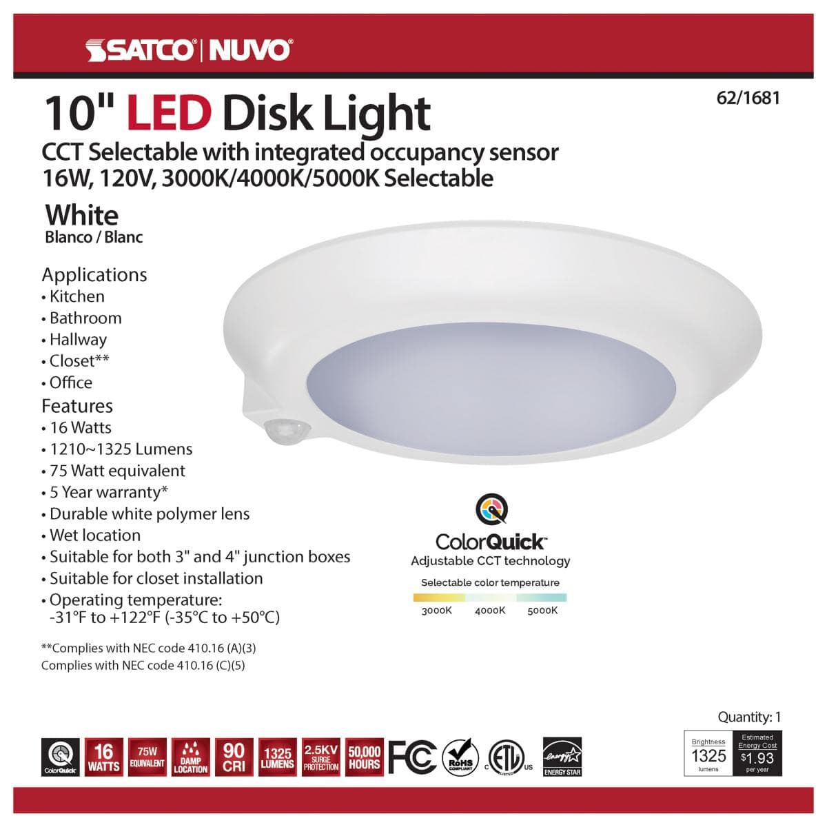 10 in.; LED Disk Light; CCT Selectable 3K/4K/5K; With Occupancy Sensor; White Finish - Green Lighting Wholesale