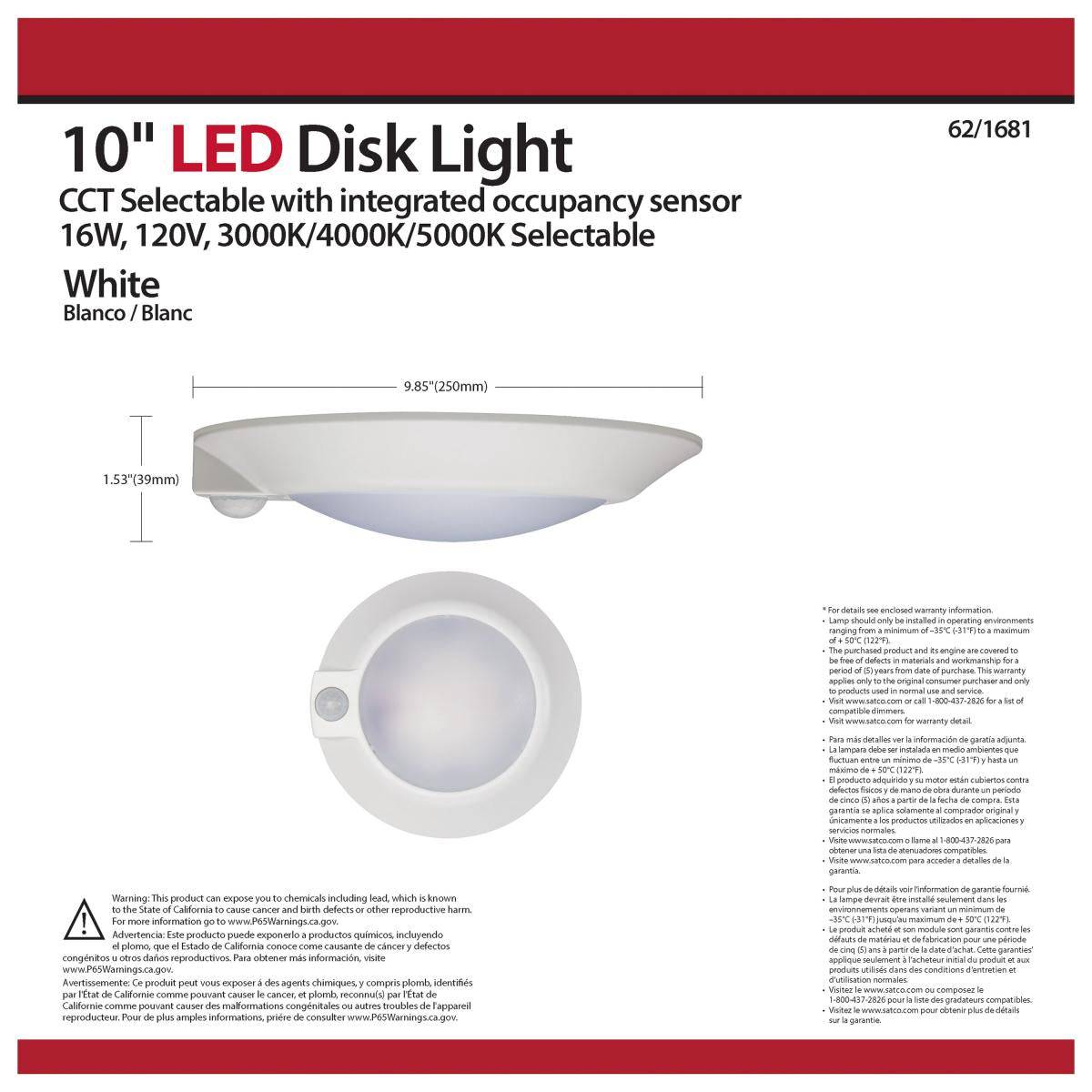 10 in.; LED Disk Light; CCT Selectable 3K/4K/5K; With Occupancy Sensor; White Finish - Green Lighting Wholesale