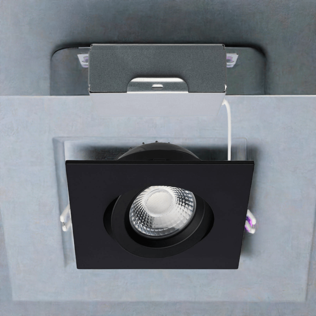 Square 12W Satco LED direct wire downlight with gimbaled design, 4-inch, CCT selectable, ideal for modern LED lighting fixtures.