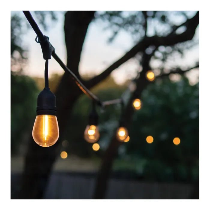 Satco 24-foot black LED string light with 12 S14 lamps, 2700K warm white, suitable for outdoor or decorative lighting.