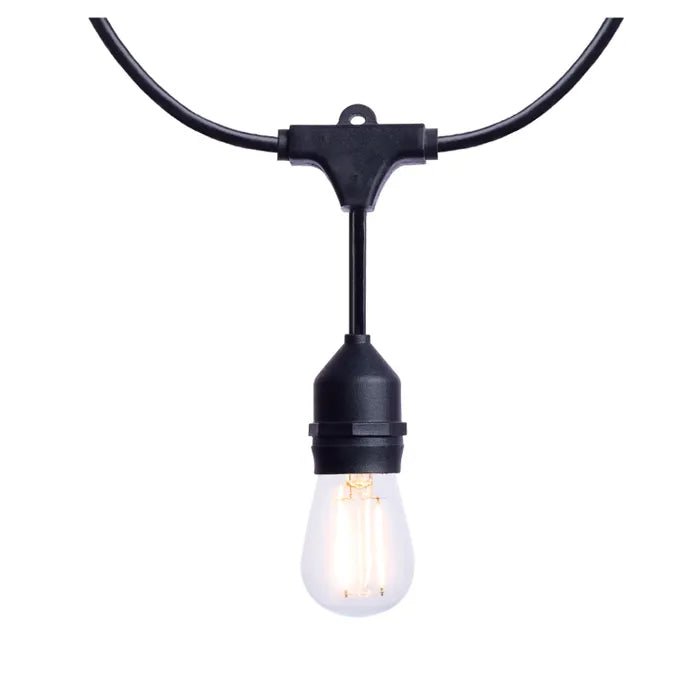 Satco 24-foot LED string light with 12 S14 lamps, 2700K warm white, black cord, 120-volt LED lighting fixture.