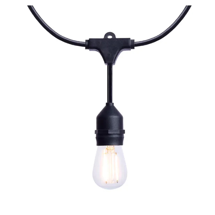 Satco 24-foot LED string light with 12 S14 lamps, 2700K warm white, black cord, 120-volt LED lighting fixture.