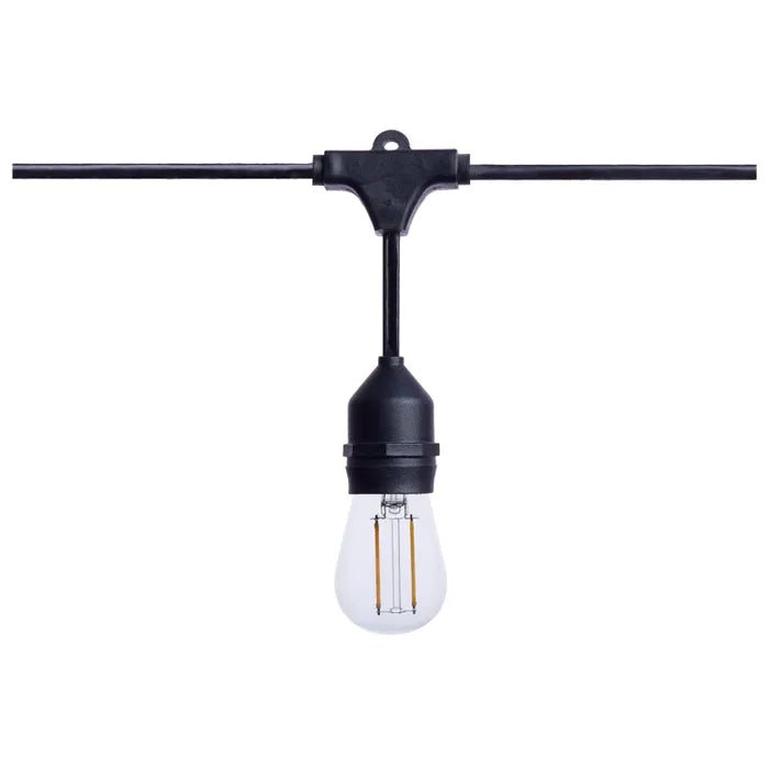 Satco 24-foot LED string light with 12 S14 lamps, 2700K warm white, black cord, suitable for outdoor or decorative lighting.