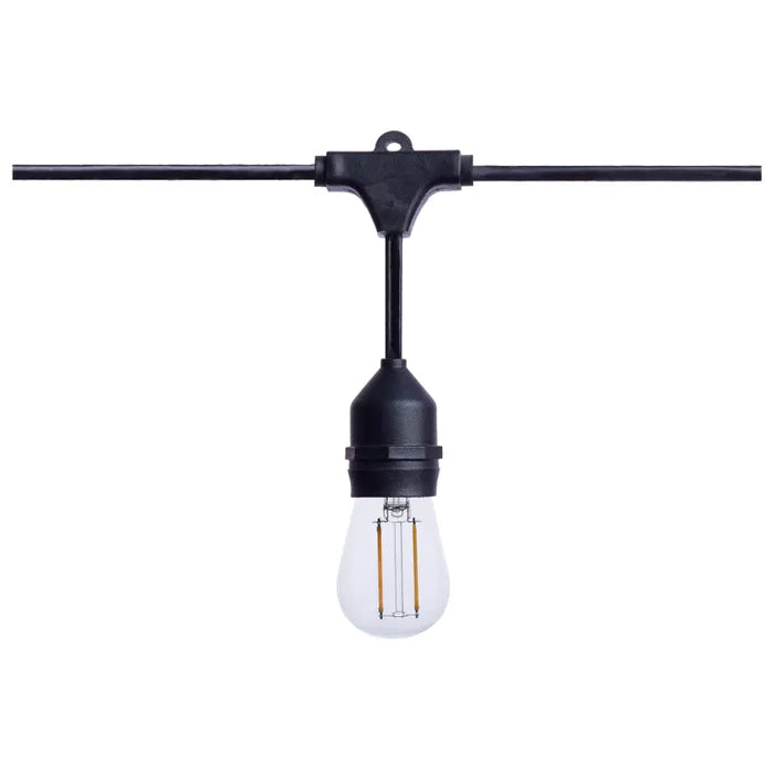 Satco 24-foot LED string light with 12 S14 lamps, 2700K warm white, black cord, suitable for outdoor or decorative lighting.