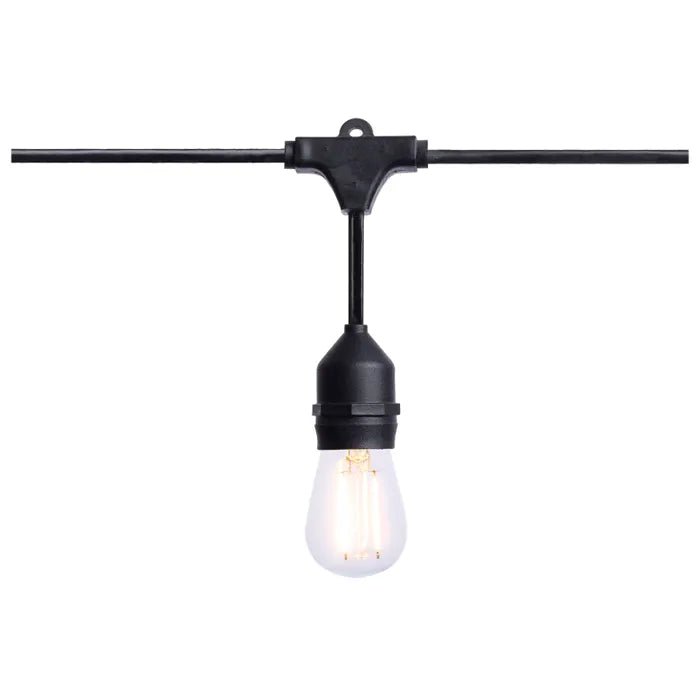 Satco 24-foot LED string light with 12 S14 lamps, 2700K warm white, black cord, 120-volt LED lighting fixture.