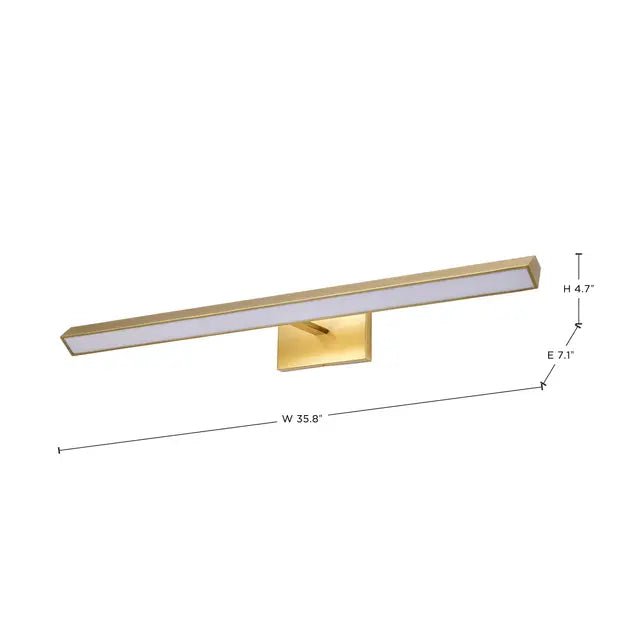 Satco 3-foot LED picture light with vintage brass finish, acrylic lens, and 3 CCT selectable lighting for artwork illumination.