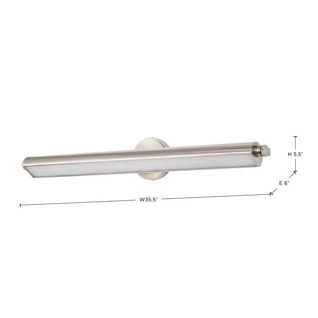 36-inch LED vanity light by Satco with brushed nickel finish, 3 CCT selectable, acrylic lens for modern bathroom lighting.
