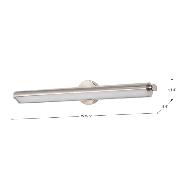 36-inch LED vanity light by Satco with brushed nickel finish, 3 CCT selectable, acrylic lens for modern bathroom lighting.