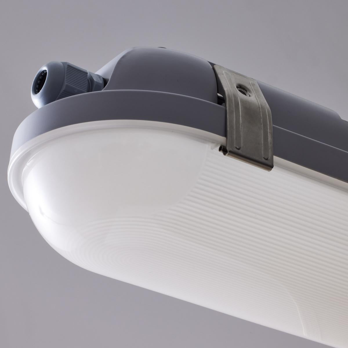 Satco 4-foot vapor-proof LED linear fixture with CCT and wattage options, IP65 and IK08 rated, 0-10V dimming, for 120-347V.