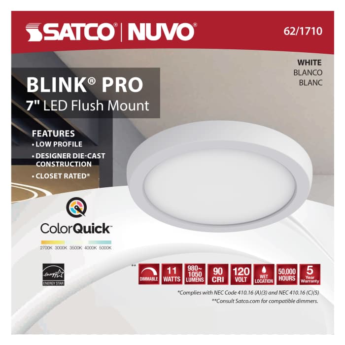 7-inch round Satco LED surface mount fixture with CCT selectable, white finish, 120V LED lighting for ceiling installation.