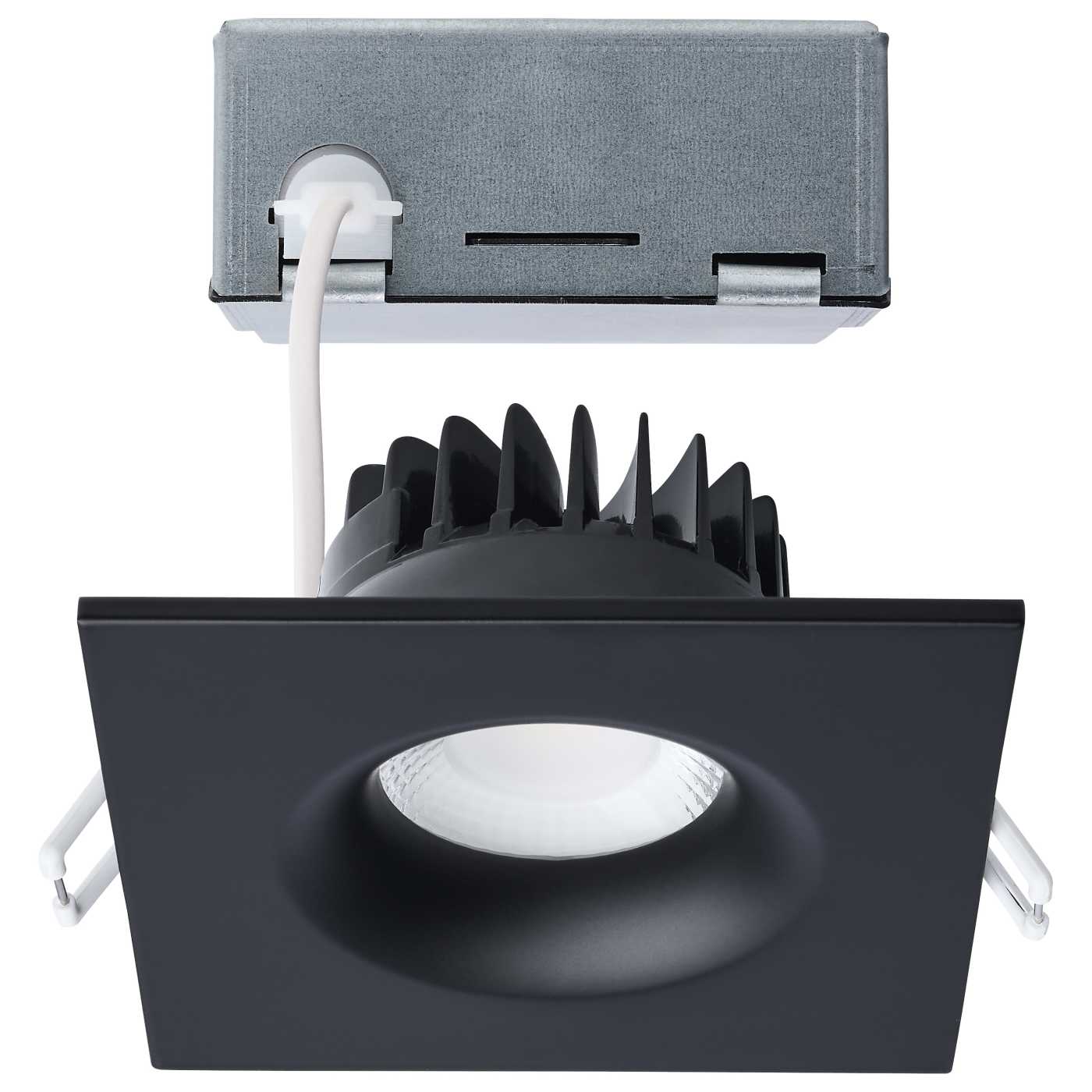 Black 4-inch square 10W LED canless downlight with remote driver and CCT selectable, from Satco LED lighting fixtures.