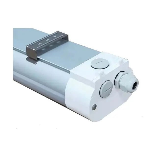 Satco LED 2-foot, 20W tri-proof linear lighting fixture with microwave sensor, adjustable CCT, IP65, IK08 rated for durable indoor lighting.