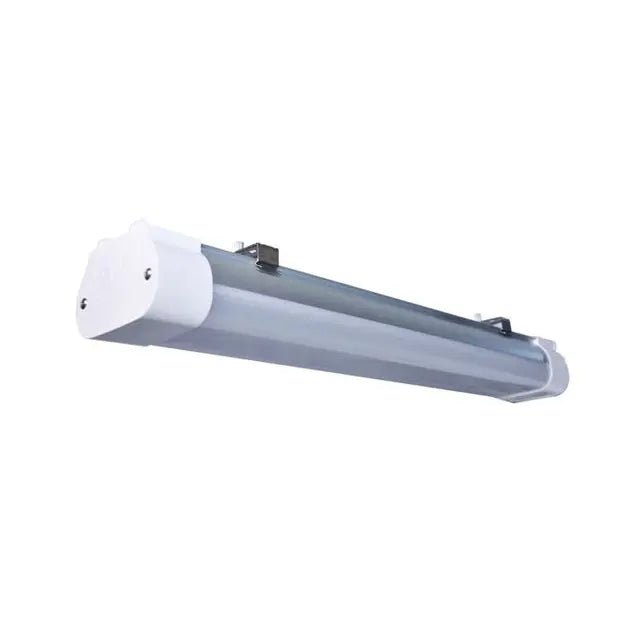 Satco LED 2-foot 20W tri-proof linear fixture with microwave sensor, CCT, IP65, and IK08 rated for durable indoor lighting.