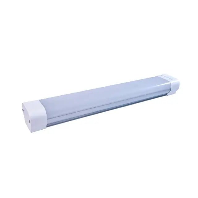 Satco 2-foot LED tri-proof linear fixture with microwave sensor, 20W, CCT adjustable, IP65 and IK08 rated for durable LED lighting.