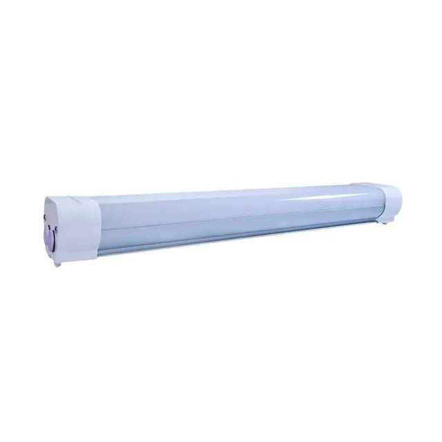 Satco 2-foot 20W LED tri-proof linear fixture with microwave sensor, IP65, IK08 rated, ideal for commercial lighting.