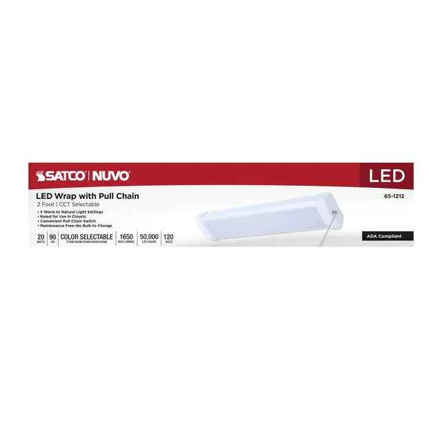 Satco LED White 2-Foot Wrap Light with Pull Chain, 20 Watts, available in 27K to 50K color temperatures, for commercial or residential use.