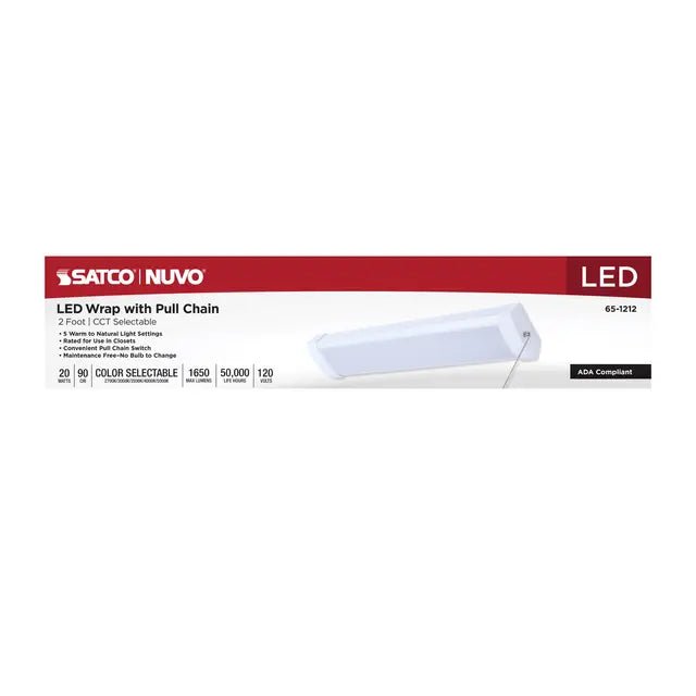 Satco LED White 2-Foot Wrap Light with Pull Chain, 20 Watts, available in 27K to 50K color temperatures, for commercial or residential use.