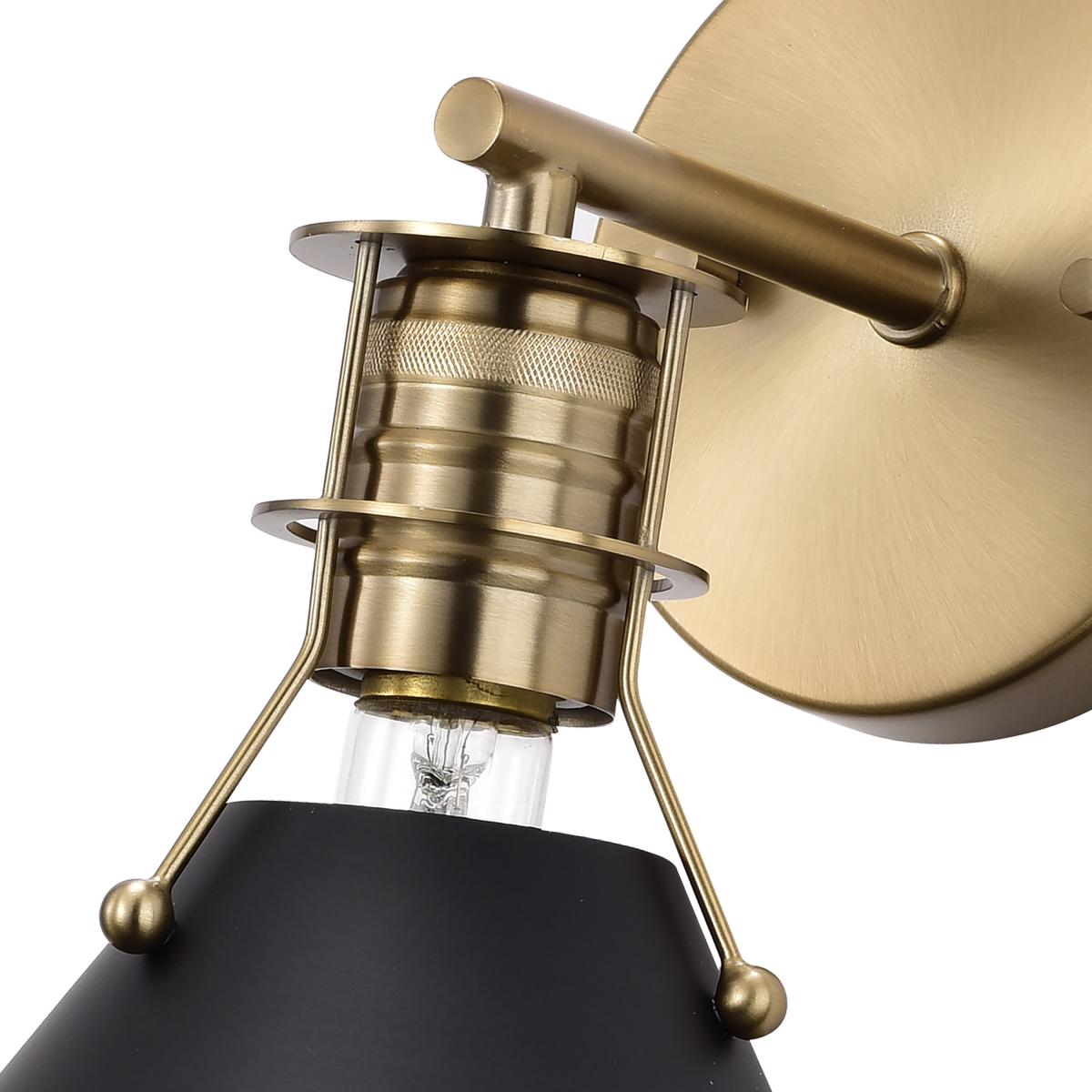 Satco Outpost 1-light wall sconce with matte black finish and burnished brass accents, modern LED lighting fixture for walls