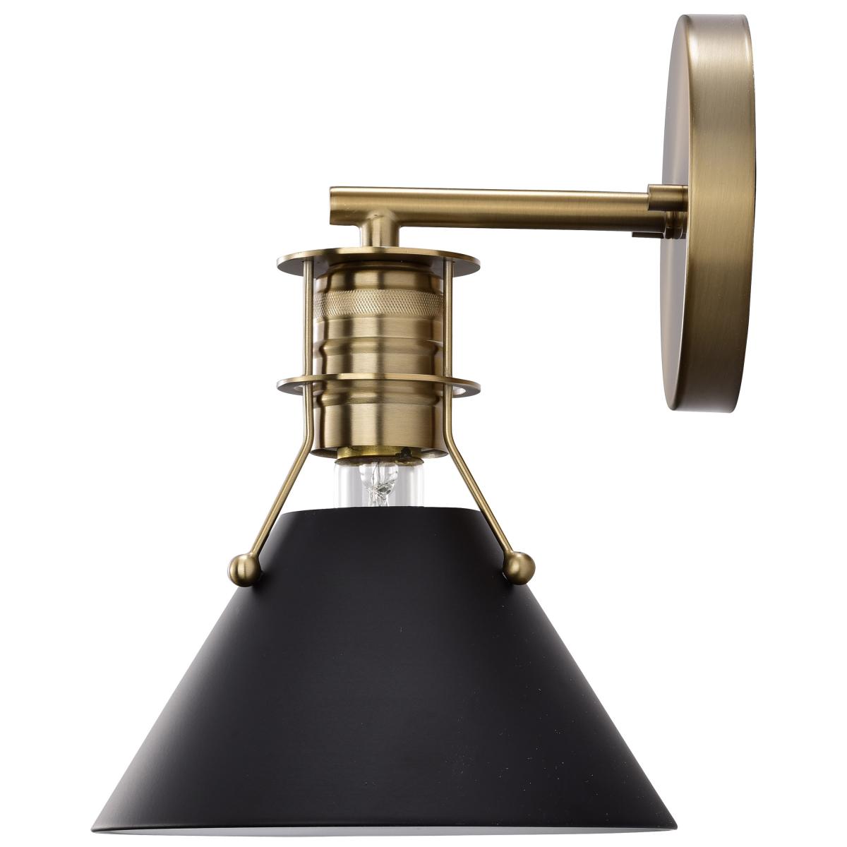 Satco Outpost 1-light wall sconce with matte black finish and burnished brass accent, LED lighting fixture for modern interior decor.
