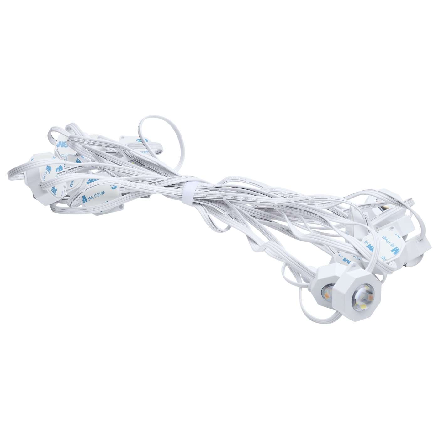 Satco RGB 100-foot LED eave string light with remote, 48W, 120V, ideal for outdoor lighting and decorative illumination.