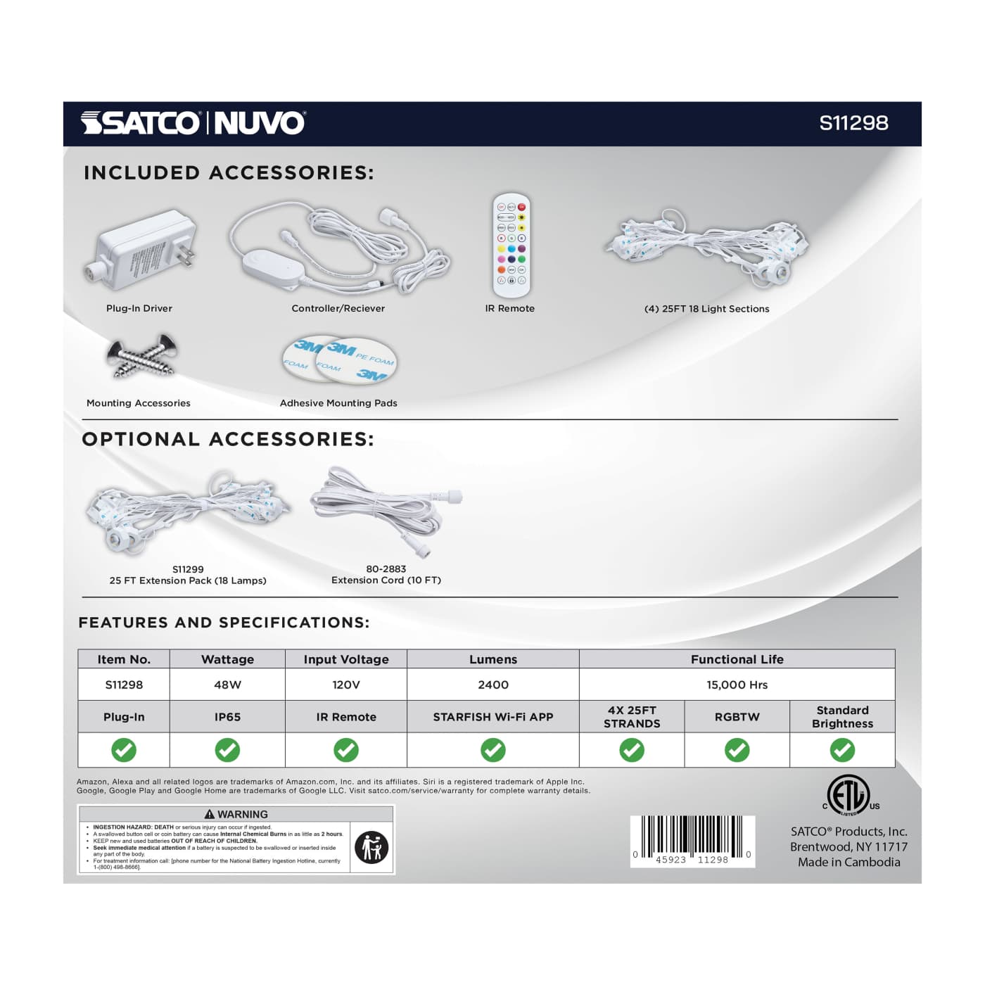 Satco RGB 100-foot LED eave string light with 48W, remote control, perfect for outdoor lighting and decorative displays.