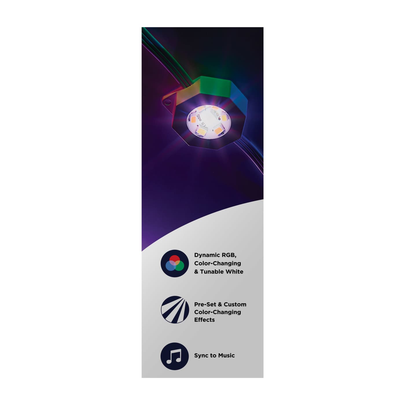 Satco RGB 100-foot LED eave string light with remote, 48W, 120V, color-changing lighting fixture for outdoor use.
