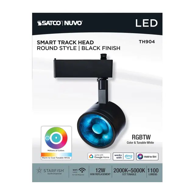 Black Satco RGB 12W round LED track head with Starfish enabling, designed for modern LED lighting fixtures.